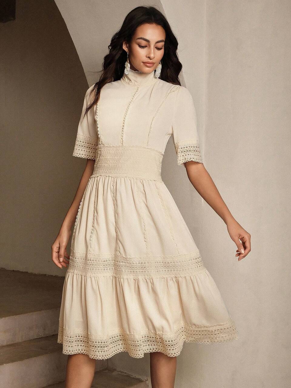 Anewsta Vestido elegante de estilo francés para mujer, primavera verano otoño, manga corta, patchwork, cintura ceñida, blanco crema, para boda y fiesta de té