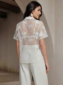 Anewsta Top Feminina Elegante Transparente com Renda Francesa Vazada, Manga Curta, Branca, Primavera/Verão, Top Elegante, Top de Verão - Branco - Visão 4