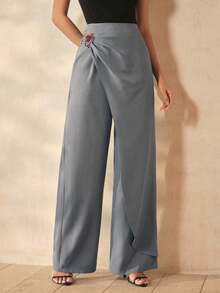 Anewsta Women's Elegant Heavy-Duty Metal Buckle Embellished Asymmetrical Draped Wide Leg Suit Pants - Grey - View 7
