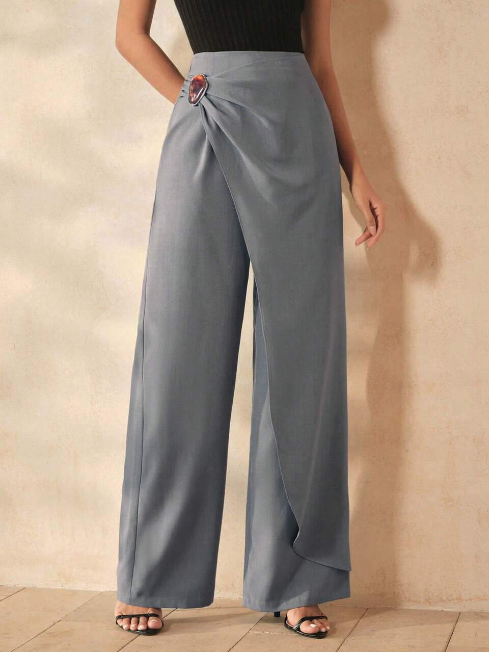Anewsta Women's Elegant Heavy-Duty Metal Buckle Embellished Asymmetrical Draped Wide Leg Suit Pants