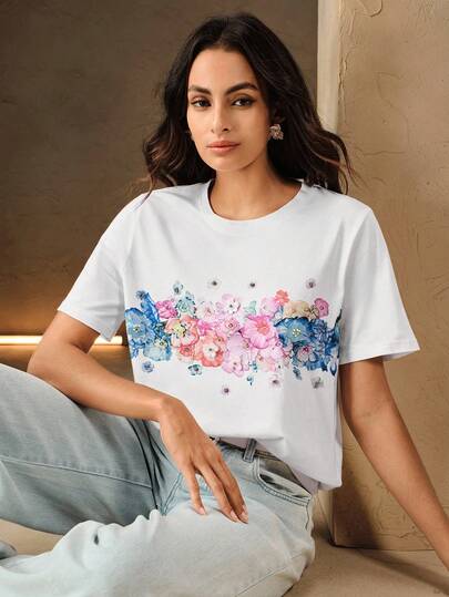 Anewsta Women's Spring/Summer New Casual Slouchy Versatile Dopamine Floral Print Rhinestone Embellished 3D Flower Decor Round Neck Short Sleeve T-Shirt