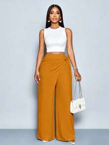 SOLERSUN Women's Linen-Like Belted High Waist Linen-Blend Tie Side Belted Wide Leg Pants - Brown - View 6