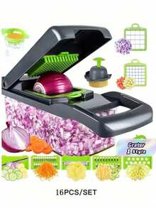 16pcs/SET -Vegetable Chopper, Vegetable And Fruit Slicer, Food Grater, Knife (With Container), Onion Chopper (With Interchangeable Blades), Potato Grater, Kitchen Gadgets, Kitchen Tools (16pcs Set) - Grey-green B - View 2