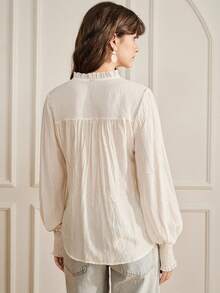 Femmeiva Women's Blouse Loose Fit Textured Pleated Ruffle Stand Collar V-Neck Button Up Lantern Sleeve Smocked Cuffs Retro French Elegant Off-White Autumn - Apricot - View 5
