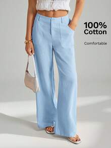 SHEIN Tall 100%水洗棉低腰直筒長褲 - 淺藍色 - 查看 5
