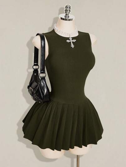 SHEIN ICON 女款純色圓領無袖修身百褶時尚極簡風洋裝