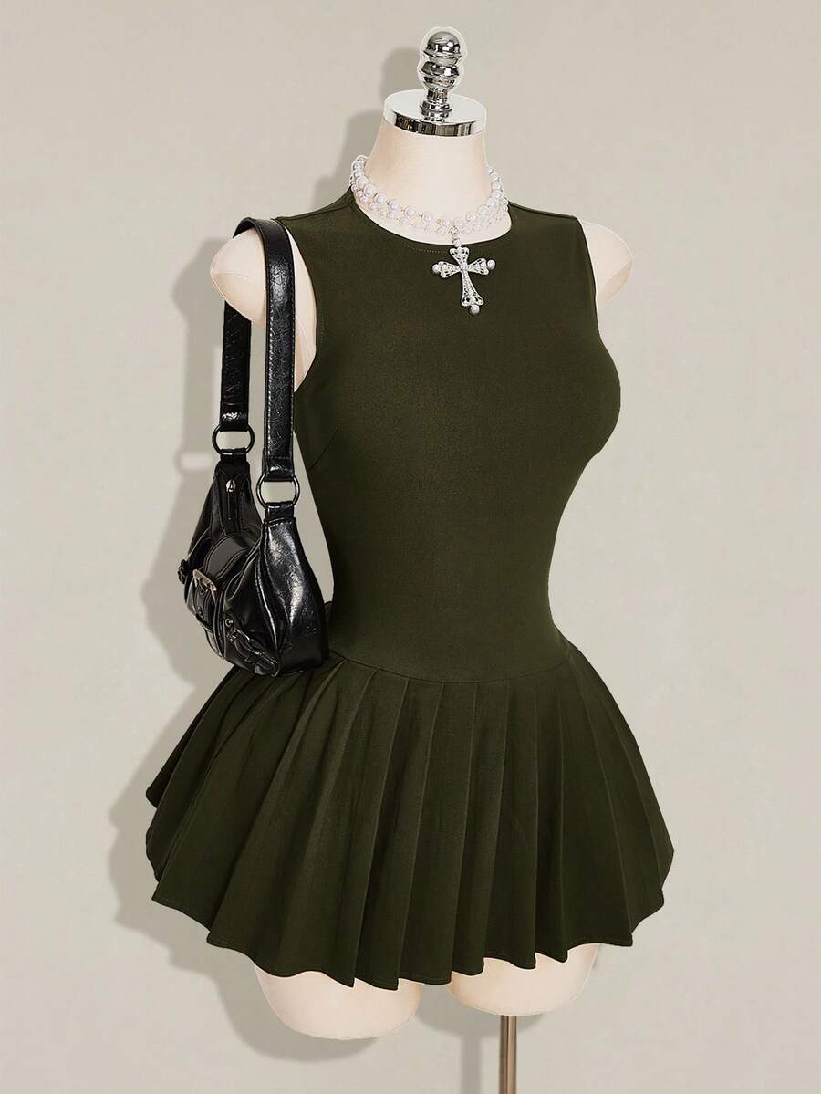 SHEIN ICON 女款純色圓領無袖修身百褶時尚極簡風洋裝 - 軍綠色 - 查看 1