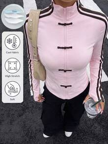 Muchica Women's Spring/Summer New Knit Sporty Style Ribbon & Frog Button Design Sun Protection Thin Jacket - Baby Pink - View 1