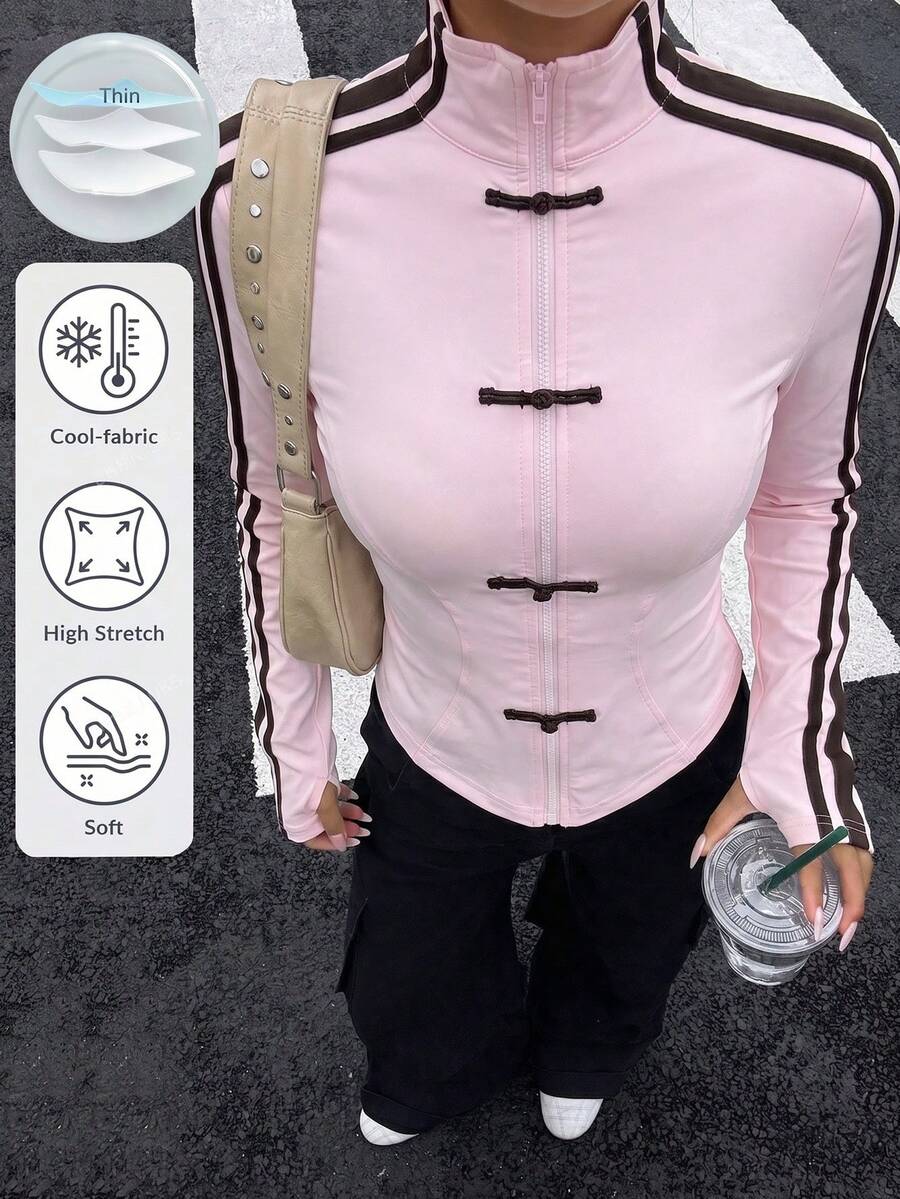 Muchica Women's Spring/Summer New Knit Sporty Style Ribbon & Frog Button Design Sun Protection Thin Jacket - Baby Pink - View 1