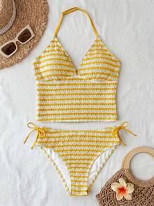 SHEIN Kids Teen Girls Yellow & White Ribbed Ribbed Tankini Bikini 2-Piece Swimsuit, Suitable For Beach Vacation, Spring/Summer Wear, Girls Vacation Beach Ribbed Spaghetti Strap Swim Top & Shorts Set - Yellow - View 5