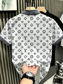 Manfinity Hypemode 美式復古仿牛仔星形字母字母印花 Polo 衫，奢華做舊仿牛仔襯衫，男女款圖案 T 恤，夏季休閒度假短袖上衣 - 彩色 - 查看 2
