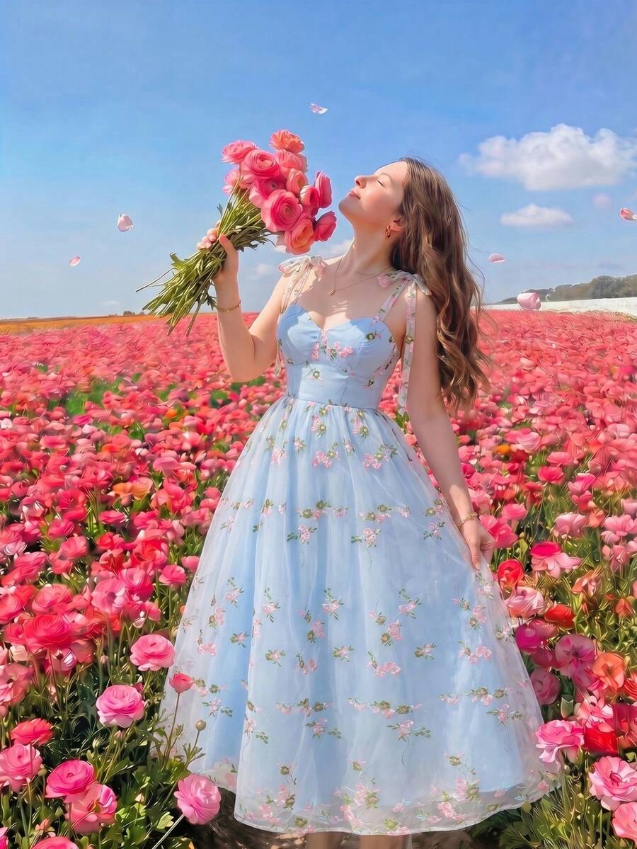 SHEIN MOD 大码女式网纱刺绣吊带连衣裙飘逸连衣裙女工装束束身连衣裙 - 淺藍色 - 查看 1