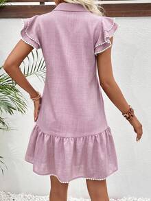 EMERY ROSE Women's Solid Color Ruffle Sleeve Lace Trim Lapel Fashion Dress - Pink - View 2