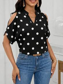 SHEIN Lady 女款時尚百搭波點印花露肩上衣，夏季度假上衣 - 黑與白 - 查看 3