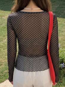 DAZY Women's Polka Dot Sheer Long Sleeve Round Neck Base Layer Top Spring Summer - Black - View 4