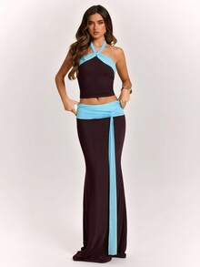 SHEIN BAE Dark Brown Color Block Tie Front Long Skirt, Vacation Style Sexy, Spring/Summer Club Night - Coffee Brown - View 1