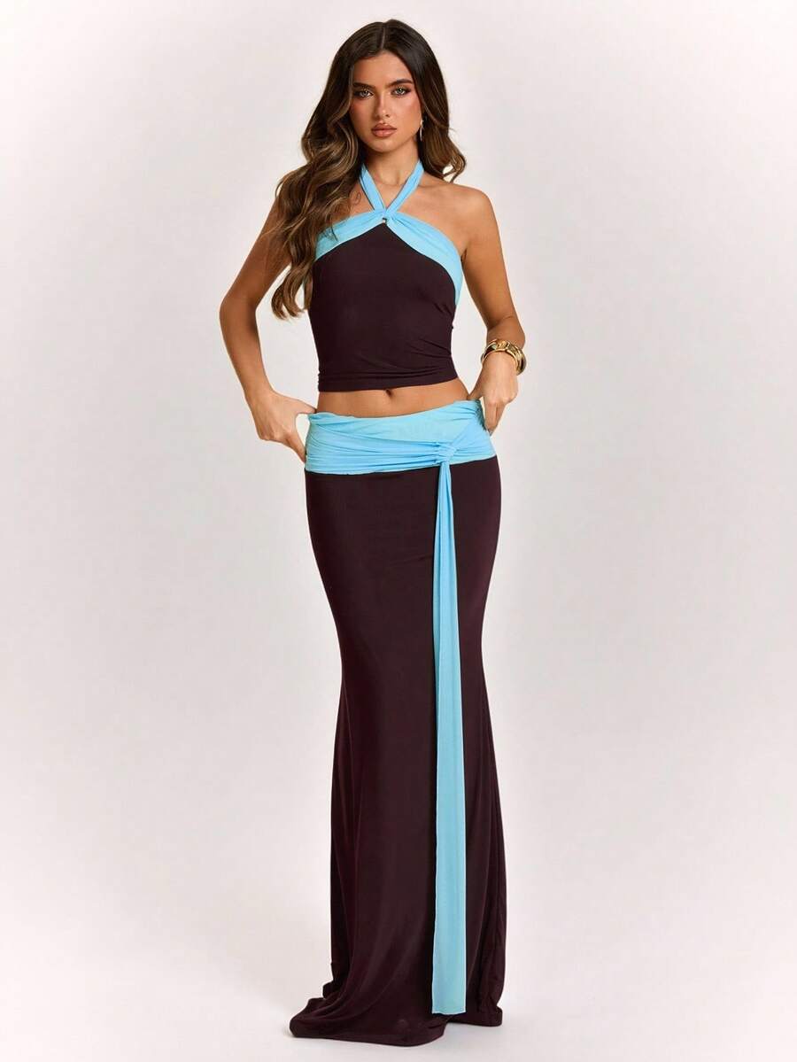 SHEIN BAE Dark Brown Color Block Tie Front Long Skirt, Vacation Style Sexy, Spring/Summer Club Night - Coffee Brown - View 1