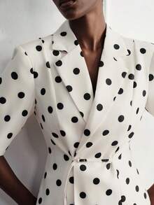 Aveloria Modichic Summer White Polka Dot Contrast Color Elegant Design Lapel Waist Belt Short Sleeve Women's Blazer Jacket High Waist Suit Pants Dinner Office Tea Party - Beige - View 4