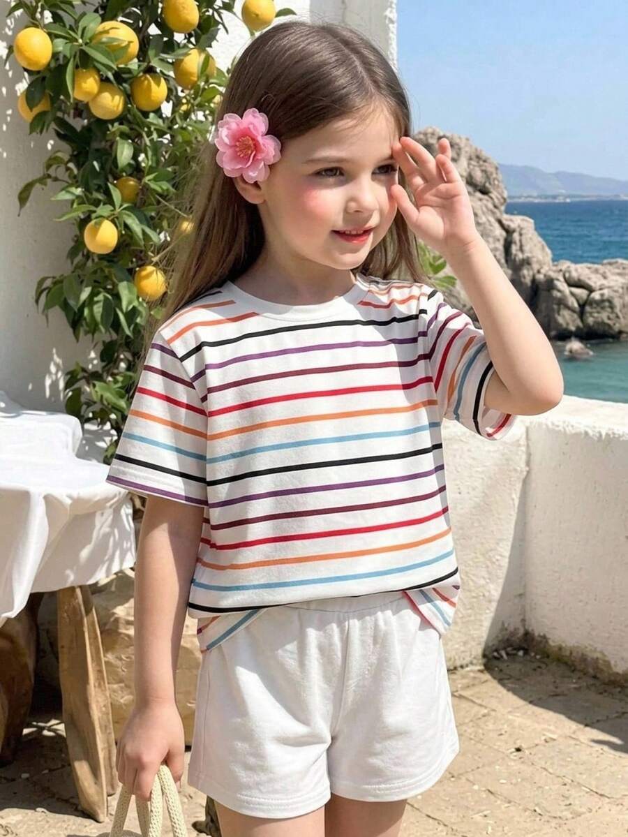 Elladie kids 女童夏季彩色条纹圆领短袖常规版型T恤,适合上学、郊游、运动及其他夏季休闲穿着。 - 彩色 - 查看 1