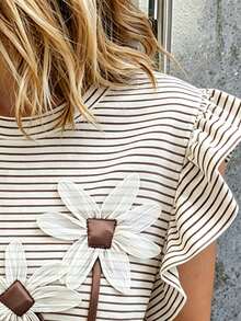 EMERY ROSE Striped Digital Print Floral Craft Fashionable Minimalist Women's Ruffle Cuff Round Neck T-Shirt Friend's Gift - Multicolor - View 3