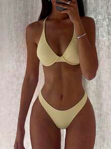 Costavie Women's Summer Beach Solid Color Sexy Fashion Bikini Two-Piece Swimsuit Set - Yellow - View 3
