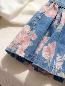SHEIN MOD 女款夏季休閒花卉印花荷葉邊牛仔裙 - 中等水洗藍 - 查看 5