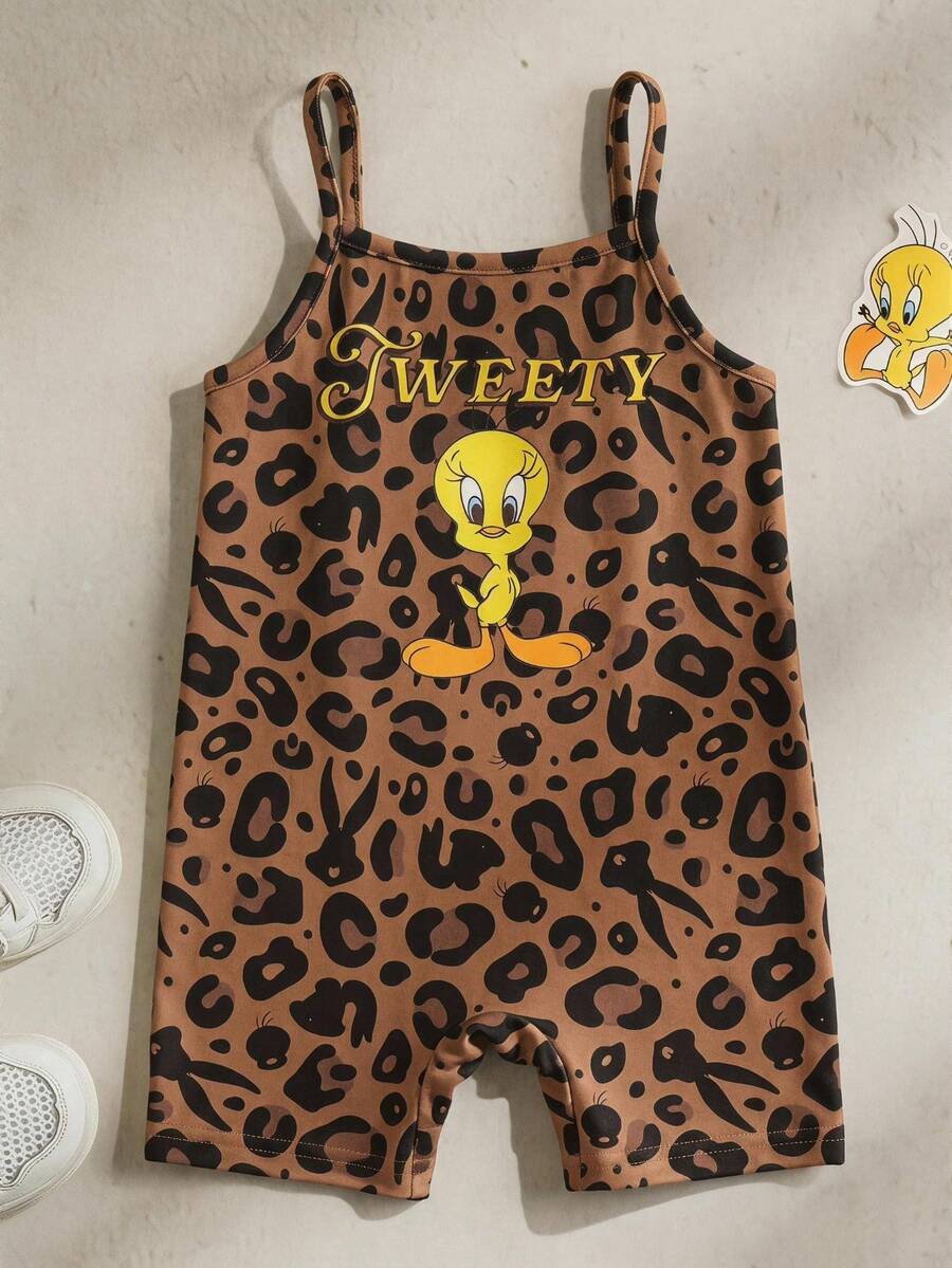 LOONEY TUNES X SHEIN 女嬰豹紋字母卡通圖案休閒日常細肩帶連身短褲 - 棕色 - 查看 1