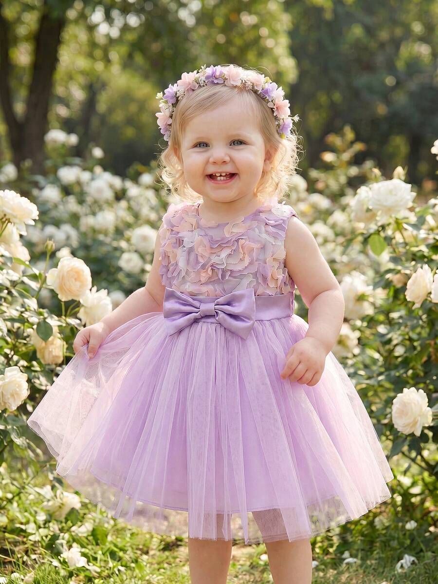 SHEIN Glamorique Kids 女嬰公主洋裝,優雅可愛紫色粉色3D花朵無袖蝴蝶結網紗蓬蓬裙,生日派對、婚禮節日禮服、舞會禮服、畢業禮服、夏季洋裝 - 紫色 - 查看 1