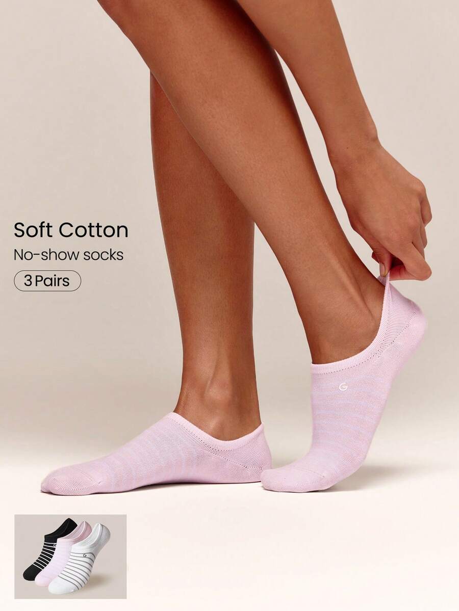 GLOWMODE 3 Pairs Invisible No-Show Socks Walk A Mile Soft Grip Daily Studio Workout Gym - White+Pink+Black Stripe - View 1