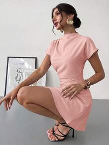 Aloruh Women's Ruched A-Line Mini Dress For Commuting,Summer Dresses For Women - Dusty Pink - View 7