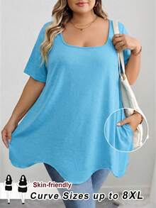 SHEIN CURVE+ Curve 大尺碼女裝/秋季女裝/冬季女裝/大尺碼方領不對稱下擺口袋短袖T恤黑色上衣 8XL 6XL 5XL 大尺碼女裝上衣，女性度假穿搭秋季冬季 CURVE PLUS - 藍色 - 查看 1