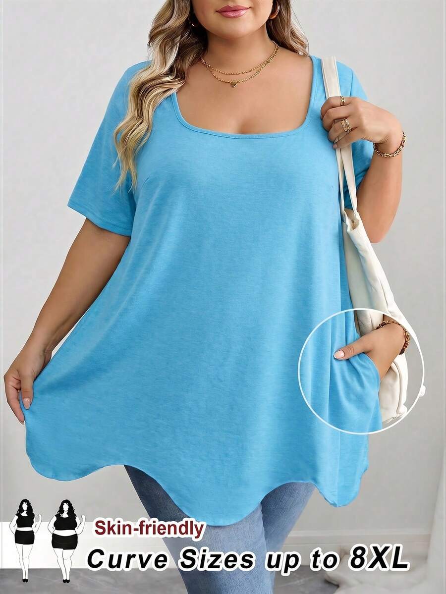SHEIN CURVE+ Curve 大尺碼女裝/秋季女裝/冬季女裝/大尺碼方領不對稱下擺口袋短袖T恤黑色上衣 8XL 6XL 5XL 大尺碼女裝上衣,女性度假穿搭秋季冬季 CURVE PLUS - 藍色 - 查看 1