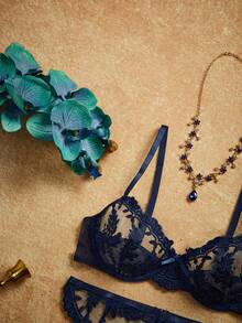 PinupPomp Conjunto de 4 piezas de lencería sexy azul para mujer - Azul Marino - Ver 4