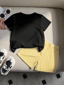 SHEIN 1 Random Set, Baby Boy Comfortable Cotton Casual Style Face Print Black Short Sleeve Crew Neck Colorblock Cotton T-Shirt - Multicolor - View 2