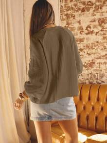 Aralina Ruffled V-Neck Long Sleeve Front Tie Blouse - Chocolate Brown - View 2