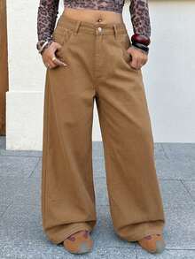 Dazy Plus Jeans de Mezclilla Largos de Pierna Ancha Sueltos con Desgaste Lavado y Rotos Talla Grande - Amarillo - Ver 6