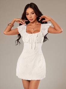 SHEIN PETITE 女款素色極簡迷你洋裝，夏季度假穿搭，復古鄉村風，外出、女教師穿搭、約會、野餐、派對、舞會、節慶、生日穿搭，田園風洋裝、下午茶洋裝、乳女風洋裝、法式洋裝，夏季洋裝，女款春季洋裝 - 杏色 - 查看 3