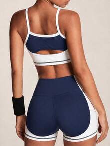 SHEIN BAE Blue And White Contrasting Patchwork Strips Hollow High Waist Women Sports Sets Athletic Two Piece Set Navy Workout Set Sports Bra And Shorts Set Yoga Set Shorts Two Piece Set Women Workout - Navy Blue - View 2