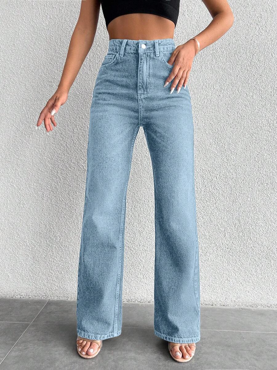 EURMUSE 99%Cotton Zipper Fly Straight Leg Jeans - Light Wash - View 1