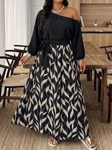 Weeklong Plus Size Women's Spring/Summer Asymmetric Neckline Long Sleeve Cinched Cinched Waist-Up Matching Print A-Line Casual Vacation Dress Fall - Multicolor - View 3