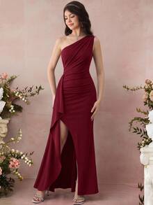 Pitira Teen Girls Partywear New Red Asymmetric Shoulder Pleated Hollow Out High Slit Dress, Long Dress - Burgundy - View 3