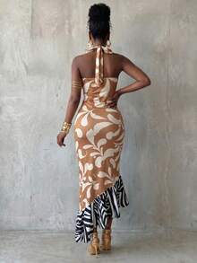 BamGlimmer Women's Zebra Print Fishtail Hem Fitted Elegant Halter Neck Long Dress - Multicolor - View 3