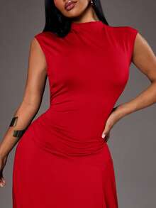 Radiana Women's Summer Casual Sexy Minimalist Elegant Red Fitted Asymmetrical A-Line Mid-Length Waist-Cinching Business Dress Knit Fabric Bar Party - Red - View 6
