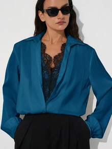 Aveloria Modichic French Commuter Style Loose Straight Fit Lapel Contrast Color Lace Trim 2 In 1 Satin Teal Blue Long Sleeve Blouse Elegant Casual Women's Shirt - Blue - View 2