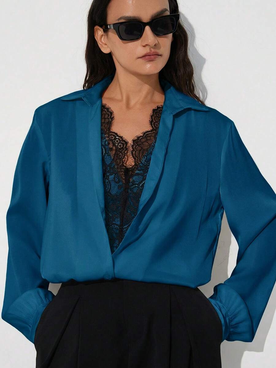 Aveloria Modichic French Commuter Style Loose Straight Fit Lapel Contrast Color Lace Trim 2 In 1 Satin Teal Blue Long Sleeve Blouse Elegant Casual Women's Shirt