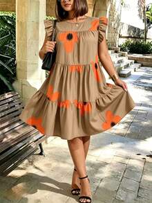SHEIN LUNE CURVE Plus Size Vintage Boho Burnt Orange Bud Dress, Contrast Color Ruffle Hem Spaghetti Strap Dress, Elegant Slimming Vacation Summer Vacation Carribean - Khaki - View 3