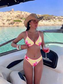 Swim Mod Conjunto de Bikini de Triángulo de 2 Piezas unicolor Nuevo de Verano con Tirantes Ajustables y Adorno de Concha de Cintura Baja para Mujeres - Multicolor - Ver 1