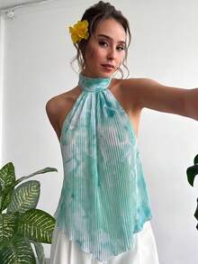 Aloruh 女款掛脖綁帶抓皺休閒百搭日常穿搭上衣 - 綠色 - 查看 9
