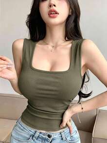 DAZY Women's Wide Strap Padded Tank Top, Versatile Base Layer For All Seasons - Army Green - View 4