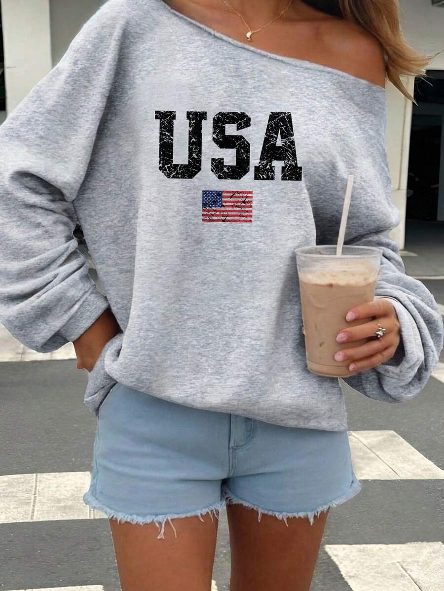 SHEIN EZwear 淺灰色女款露肩寬鬆休閒長袖衛衣 - 淺灰色 - 查看 1